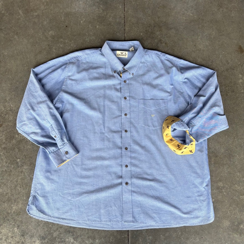 King Ranch Button Up Shirt Men's 3XB Blue Chambray Contrast Cuff Western Cowboy